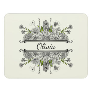 Beautiful drawing of black and white flowers door sign