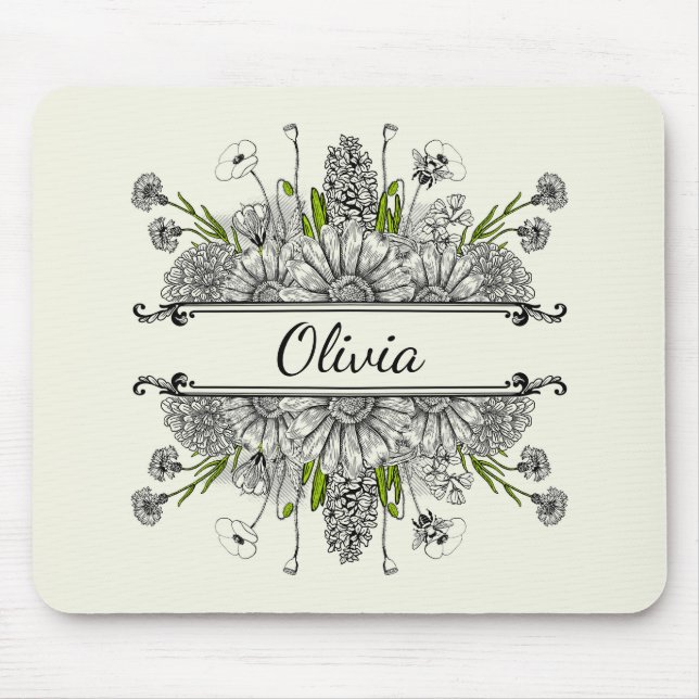 Beautiful drawing of black and white flowers mouse pad (Front)