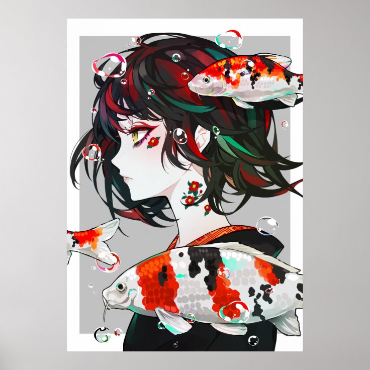 Beautiful Drawn art - Anime Girl with Koi Fish Poster | Zazzle