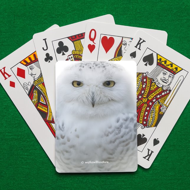 Beautiful, Dreamy and Serene Snowy Owl Poker Cards (Snowy Owl Playing Cards on Green Felt Playing Surface Cover Photo)