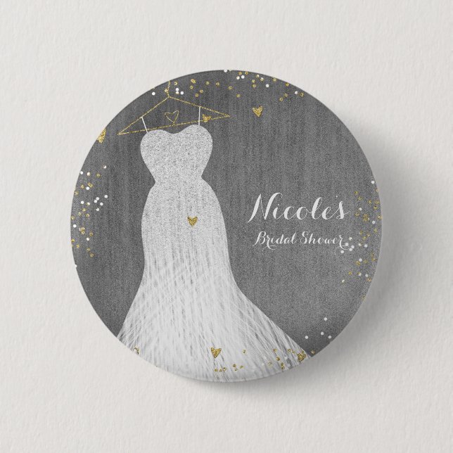 Beautiful Dress on Gold Hanger Bridal Shower Party Pinback Button (Front)