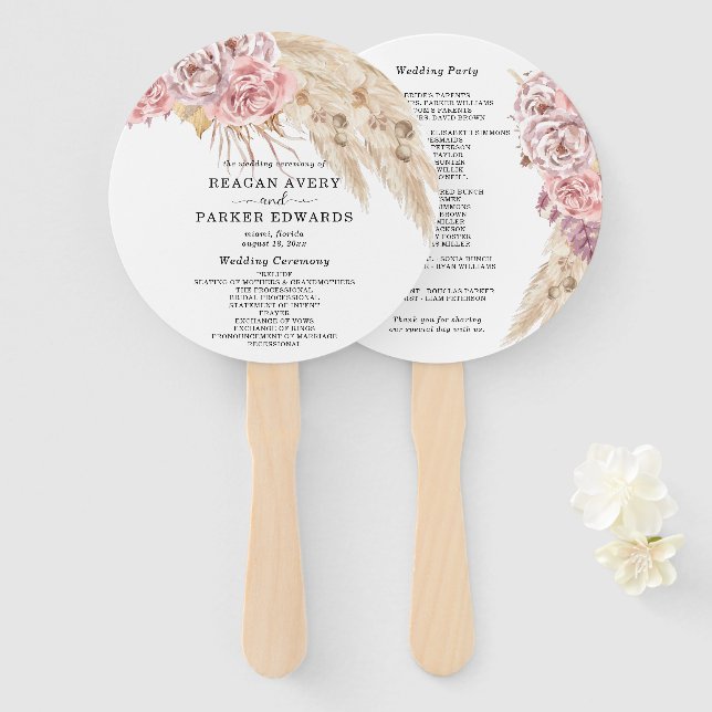 Beautiful Dried Pampas Grass Roses Wedding Program Hand Fan (Front and Back)