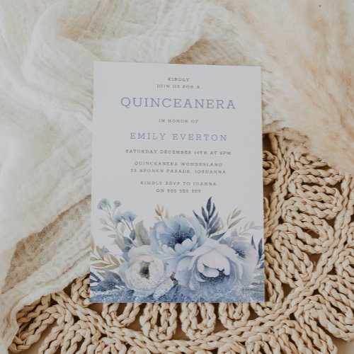 Beautiful Dusty Blue Floral Quinceanera Party  Invitation