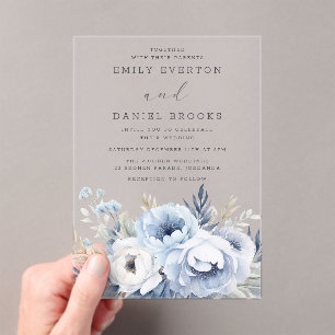 Beautiful Dusty Blue Floral Wedding Acrylic Invitations