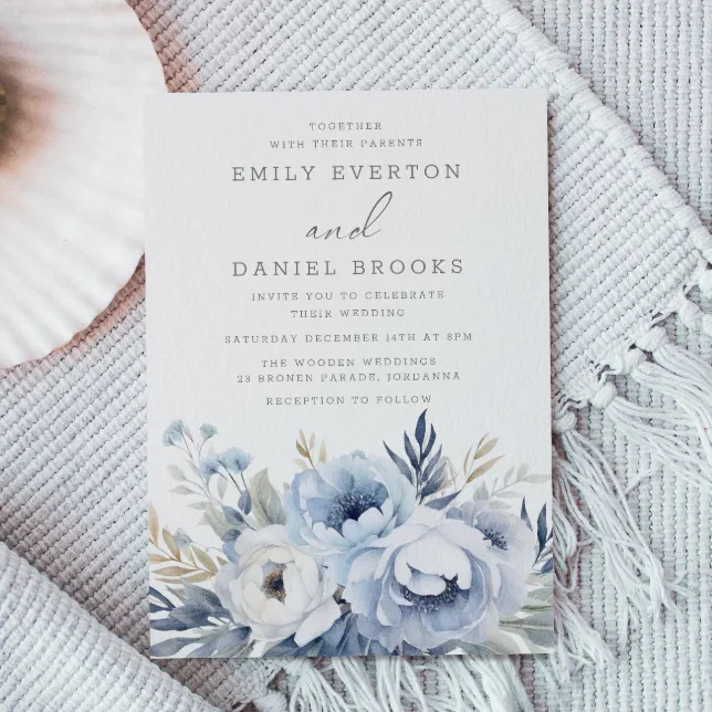 Beautiful Dusty Blue Floral Wedding Invitation Zazzle