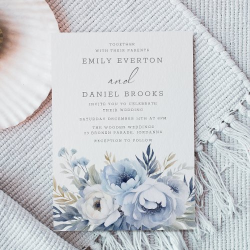 Beautiful Dusty Blue Floral Wedding  Invitation