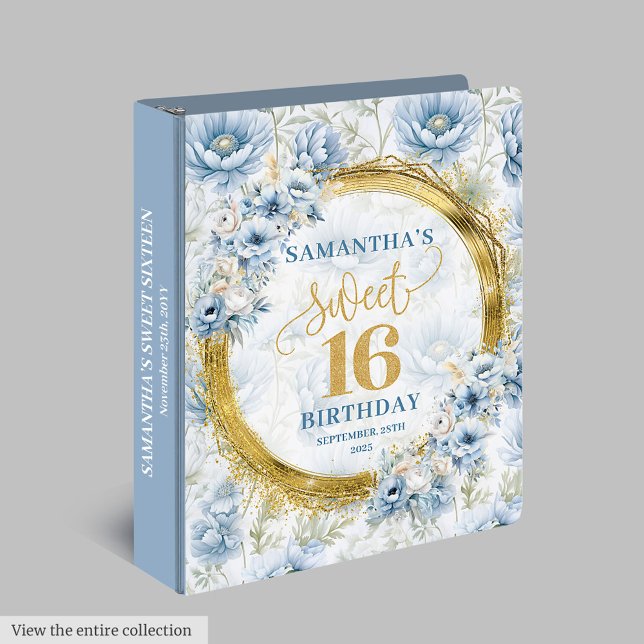 Beautiful Dusty Blue Gold Glitter Sweet Sixteen   3 Ring Binder (Beautiful Dusty Blue Gold Glitter Sweet Sixteen 3 ring binder)