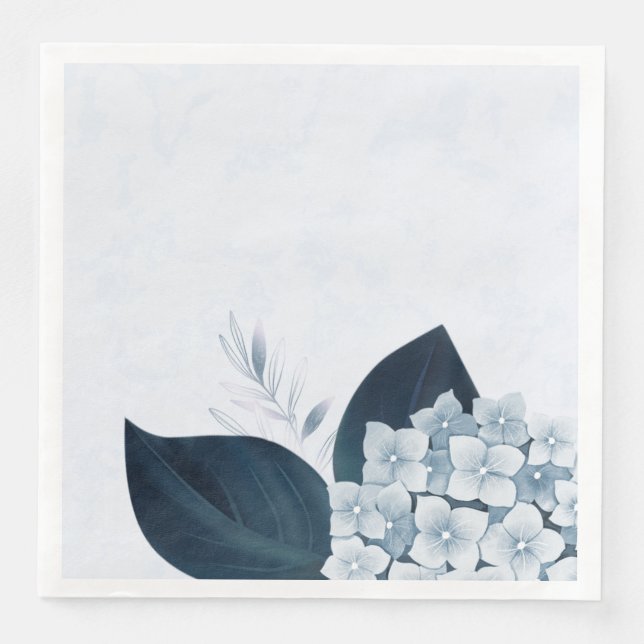 Beautiful dusty blue hydrangea navy leaves paper dinner napkins (Front)