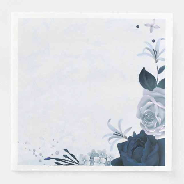 Beautiful dusty blue navy flowers & leaves  paper dinner napkins (Front)