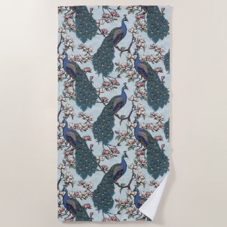 Beautiful Dusty Blue Peacocks and Magnolia Flowers