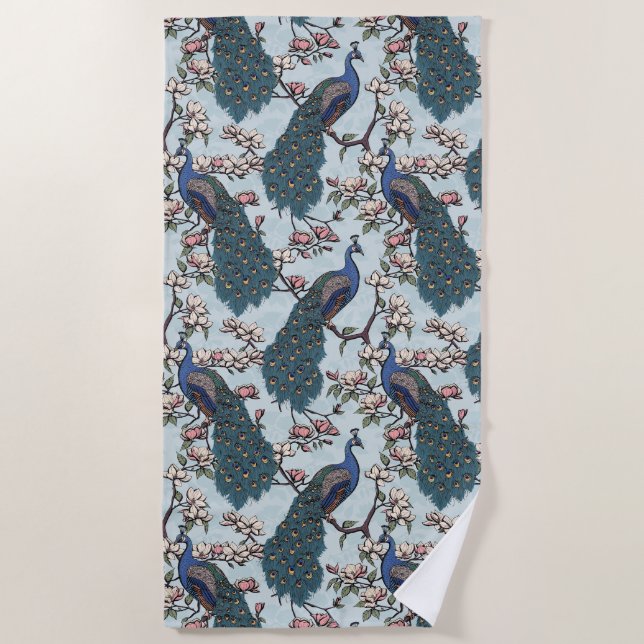 Beautiful Dusty Blue Peacocks and Magnolia Flowers Beach Towel (Front)