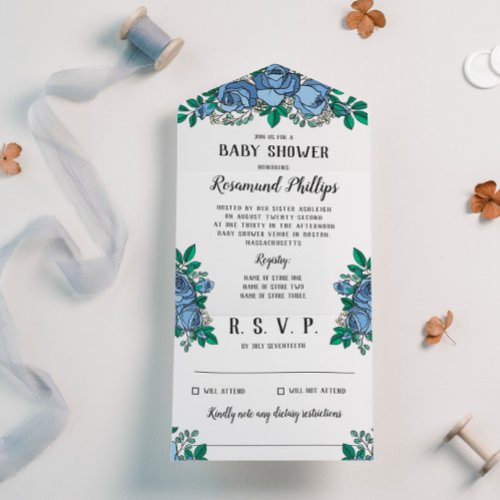 Beautiful Dusty Blue Roses Floral Baby Shower All In One Invitation