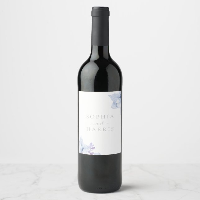 Beautiful Dusty Blue Sky Blue Floral Wedding Wine Label (Front)
