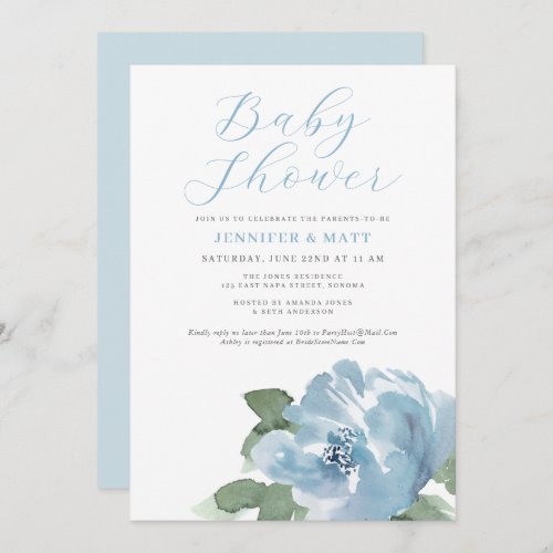 Beautiful Dusty Blue Watercolor Floral Baby Shower Invitation