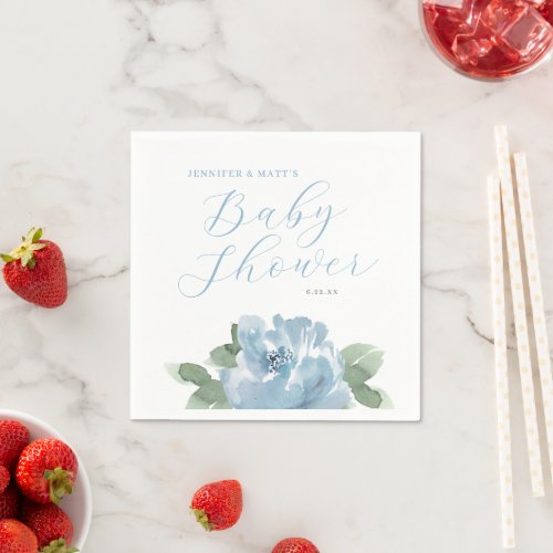 Beautiful Dusty Blue Watercolor Floral Baby Shower Napkins