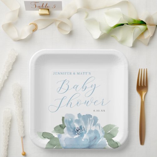 Beautiful Dusty Blue Watercolor Floral Baby Shower Paper Plates