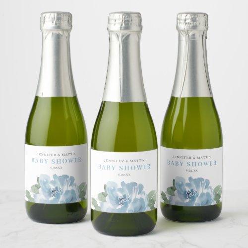 Beautiful Dusty Blue Watercolor Floral Baby Shower Sparkling Wine Label