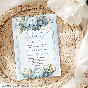 Beautiful Dusty Blue White Gold Flowers Sweet 16 Invitation