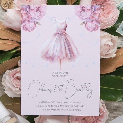 Beautiful Dusty Pink Ballerina Birthday Invitation