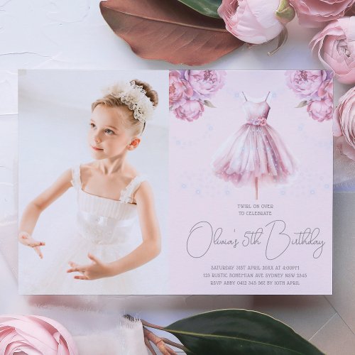 Beautiful Dusty Pink Ballerina Birthday with Photo Invitation