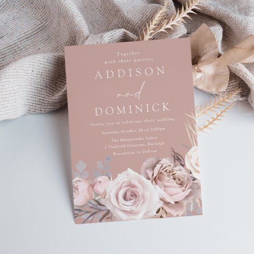 Beautiful Dusty Rose  Blush Floral Wedding Invitation
