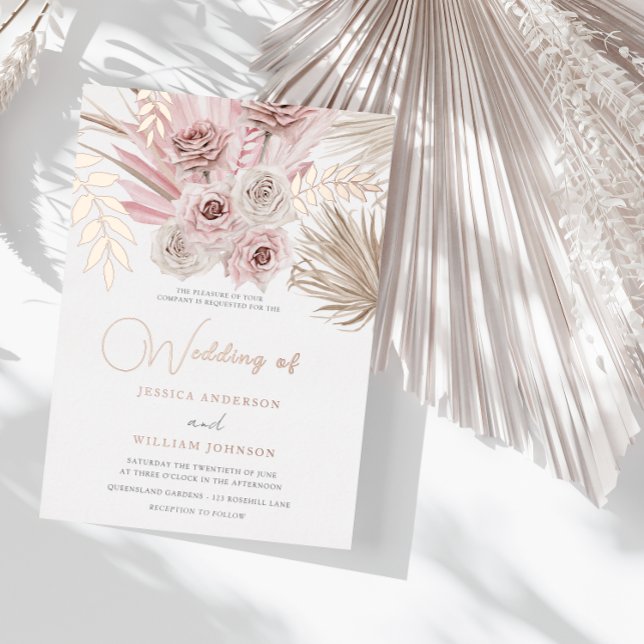 Beautiful Dusty Rose & Blush Ivory Boho Wedding Foil Invitation (Creator Uploaded)