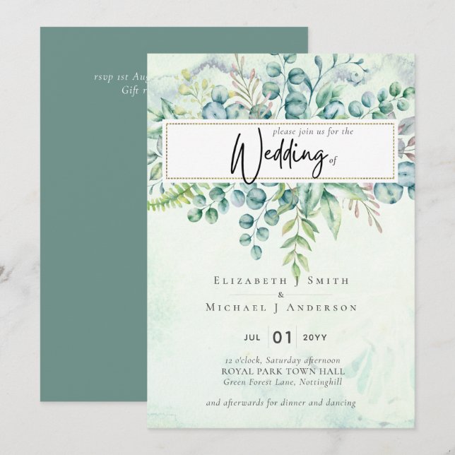 Beautiful Dusty Sage Eucalyptus Greenery Invite (Front/Back)