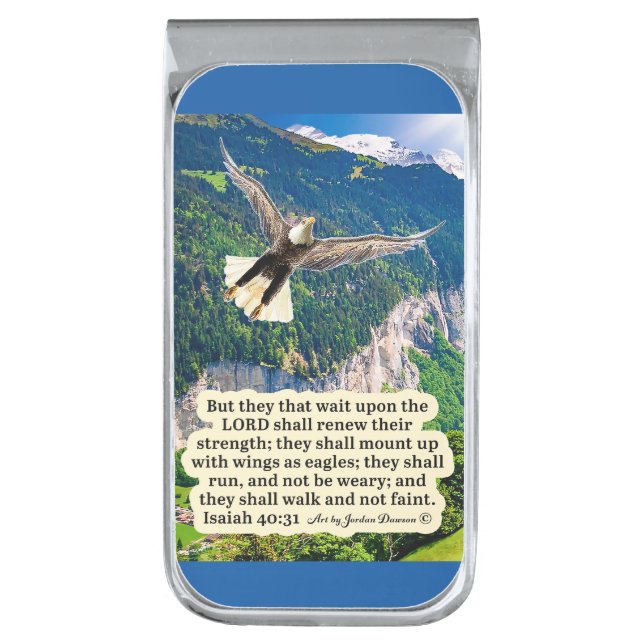Beautiful Eagle Scripture Isaiah 40:31 Silver Finish Money Clip (Front Vertical)