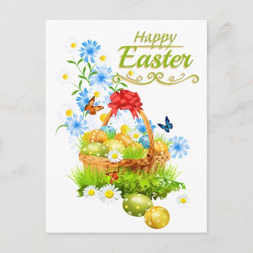 Beautiful Easter Basket and Spring Flowers Holiday Postcard
