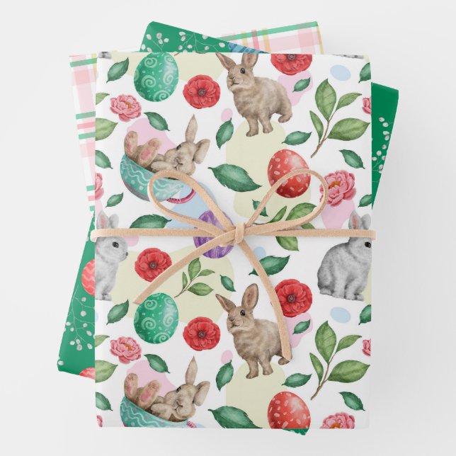 Beautiful Easter Bunny & Flowers Wrapping Paper Sheets (In situ)