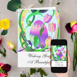 Beautiful Easter Eggs and Tulips Easter Card