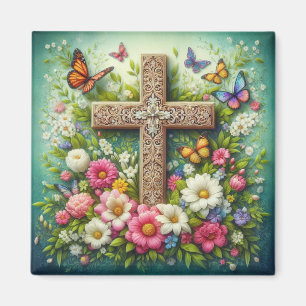 Beautiful Easter floral cross with butterflies Magnet