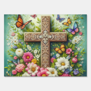 Beautiful Easter floral cross with butterflies Sign