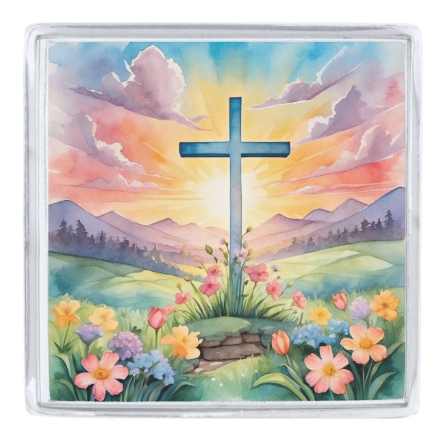 Beautiful Easter Watercolor Art Silver Finish Lapel Pin (Front)
