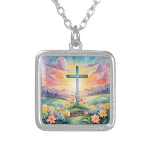 Beautiful Easter Watercolor Art Silver Plated Necklace