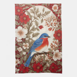 Beautiful Eastern Bluebird Red Floral  Kitchen Towel