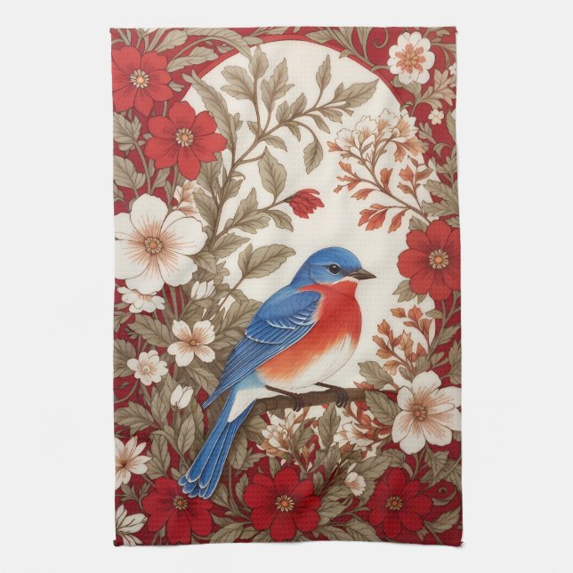 Beautiful Eastern Bluebird Red Floral  Kitchen Towel (Vertical)