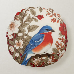 Beautiful Eastern Bluebird Red Floral Round Pillow