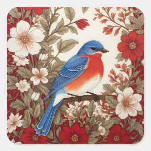 Beautiful Eastern Bluebird Red Floral Square Sticker