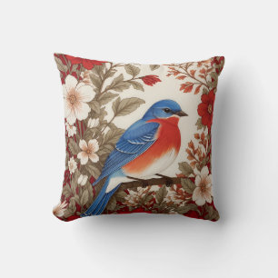 Beautiful Eastern Bluebird Red Floral Throw Pillow