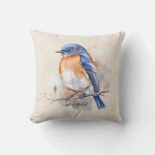 Beautiful Eastern Bluebird Watercolor Throw Pillow