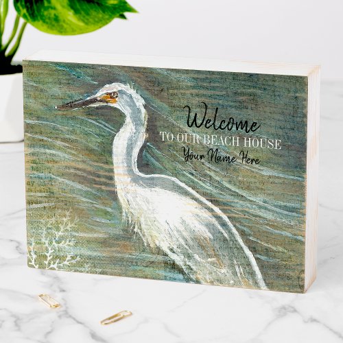 Beautiful Egret Shorebird Beach House Art Wooden Box Sign