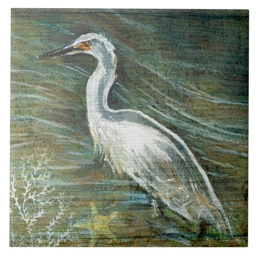 Beautiful Egret Shorebird Wading In Water Art Ceramic Tile