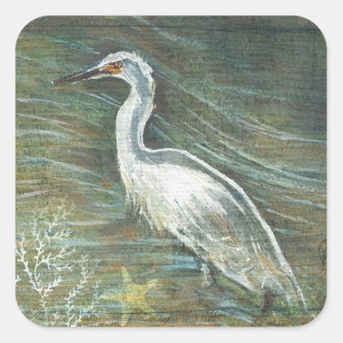 Beautiful Egret Shorebird Wading In Water Art Square Sticker