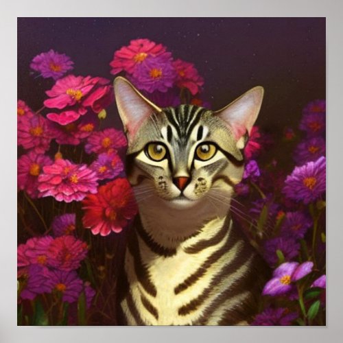 Beautiful Egyptian Mau Cat in a Night Garden Poster