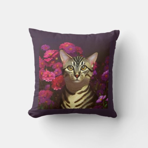 Beautiful Egyptian Mau Cat in a Night Garden Throw Pillow