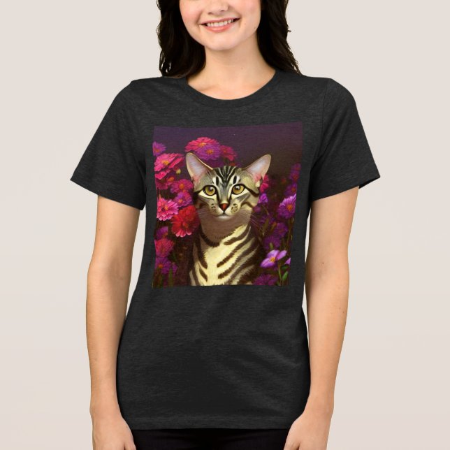 Beautiful Egyptian Mau Cat in a Night Garden   Tri-Blend Shirt (Front)