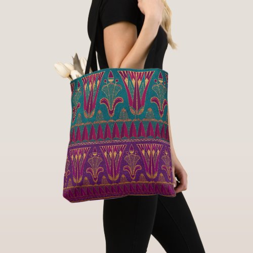 Beautiful egyptian pattern purple green and scarab tote bag