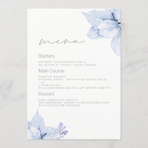 Beautiful Elegance Blue Floral Wedding Menu