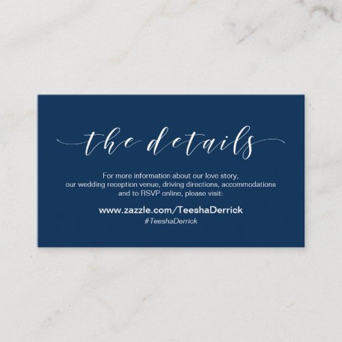 Beautiful Elegance Navy Blue Wedding Details Enclosure Card